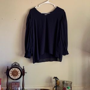 Navy Blue Long Sleeve Blouse with Roushed  sleeves